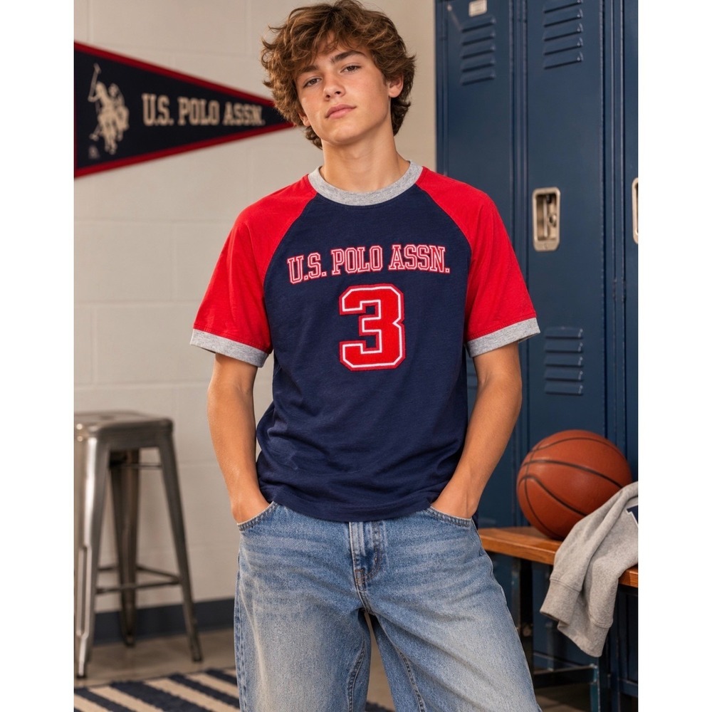Vintage Y2K U.S. Polo Assn Boys M Navy Red Varsity Raglan Number 3 Shirt